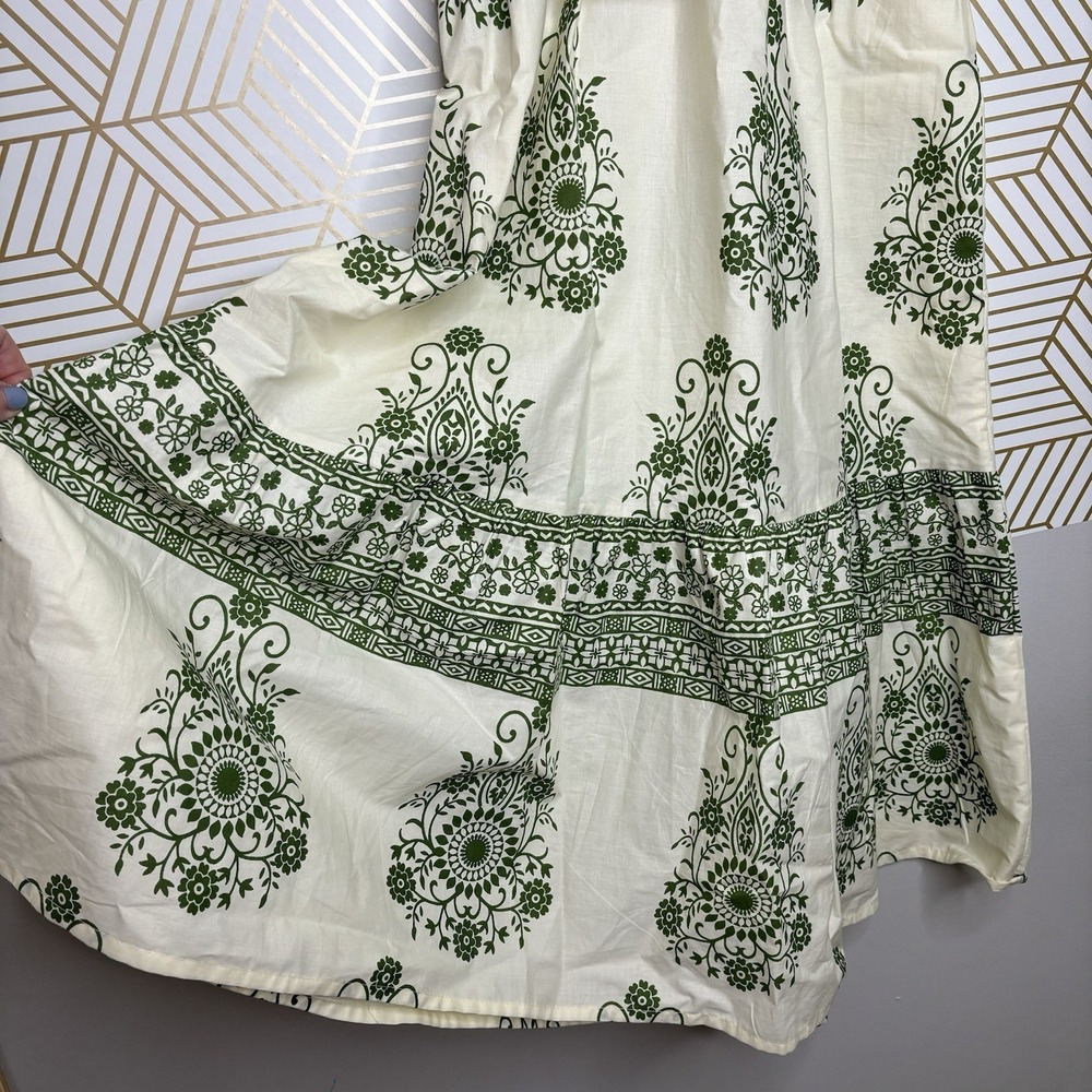 Kaktus Shirt Dress Medium Ivory Green Floral Cotton Belted Button Midi Boho Cap - Picture 5 of 11